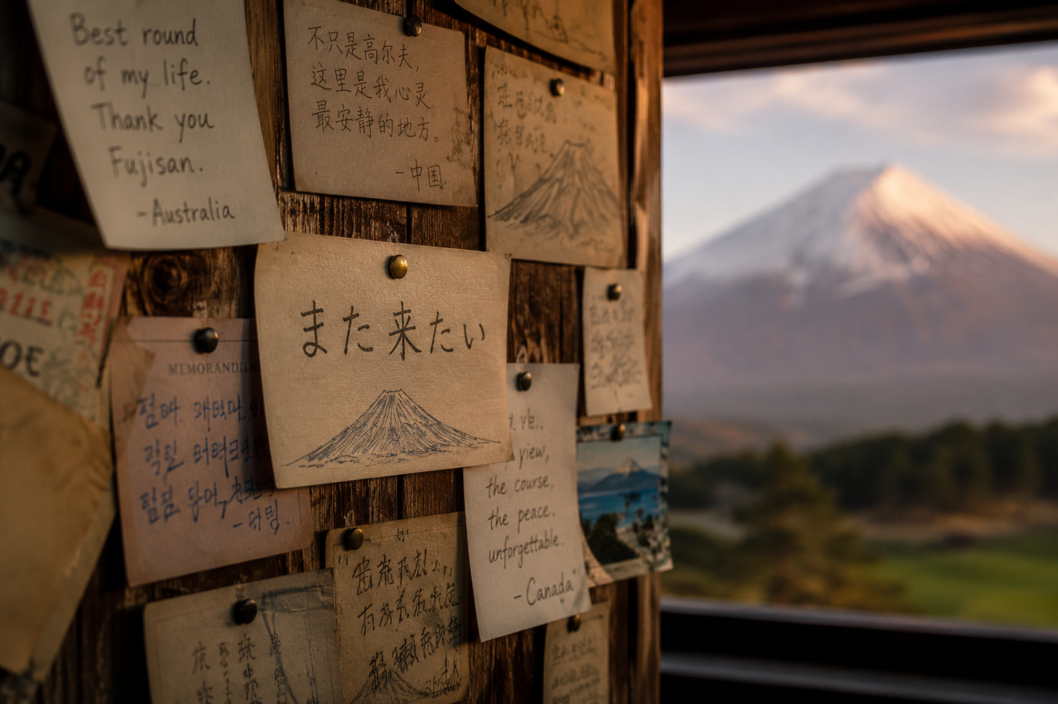 木牌心願牆上來自各國的留言，窗外是富士山