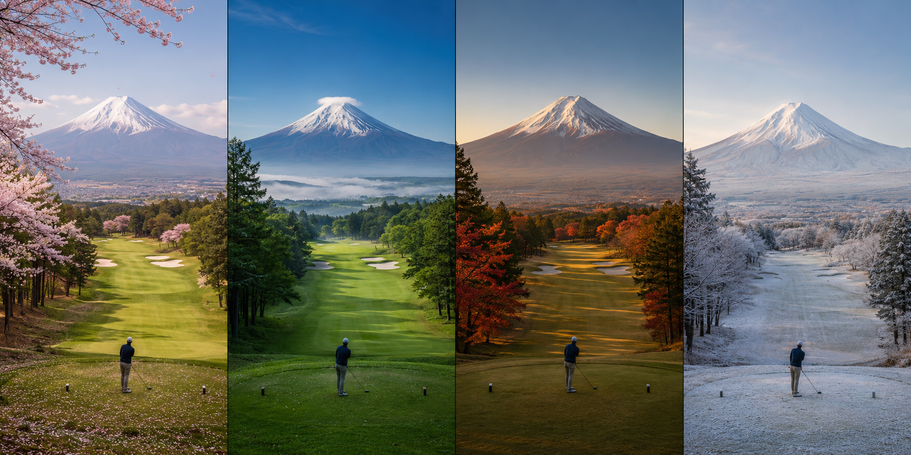 富士山的四季四聯圖：春櫻、夏綠、秋楓、冬雪