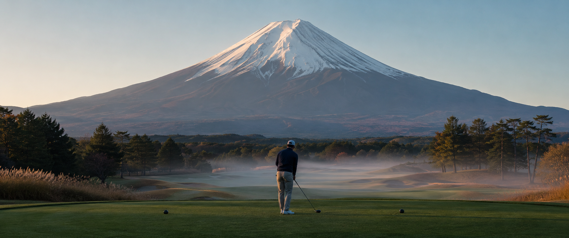 晨霧中，球者靜立於 tee 台，正面是富士山